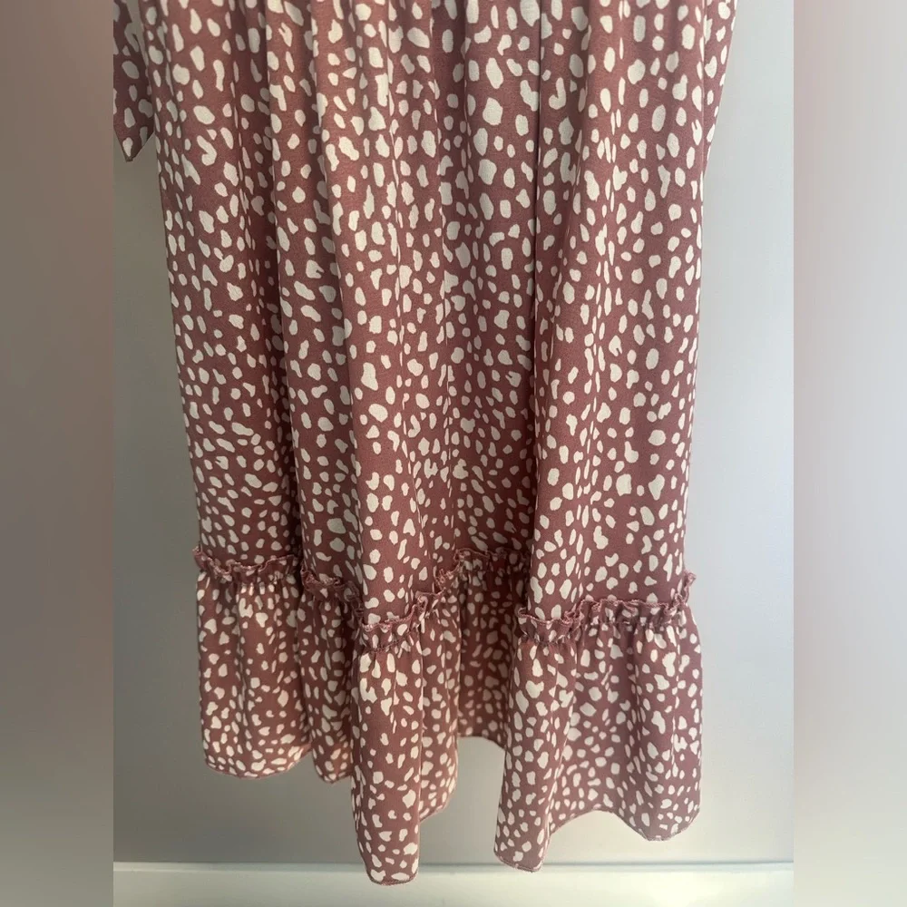 SHEIN size MEDIUM mauve and white animal print ruffled dress with ties.